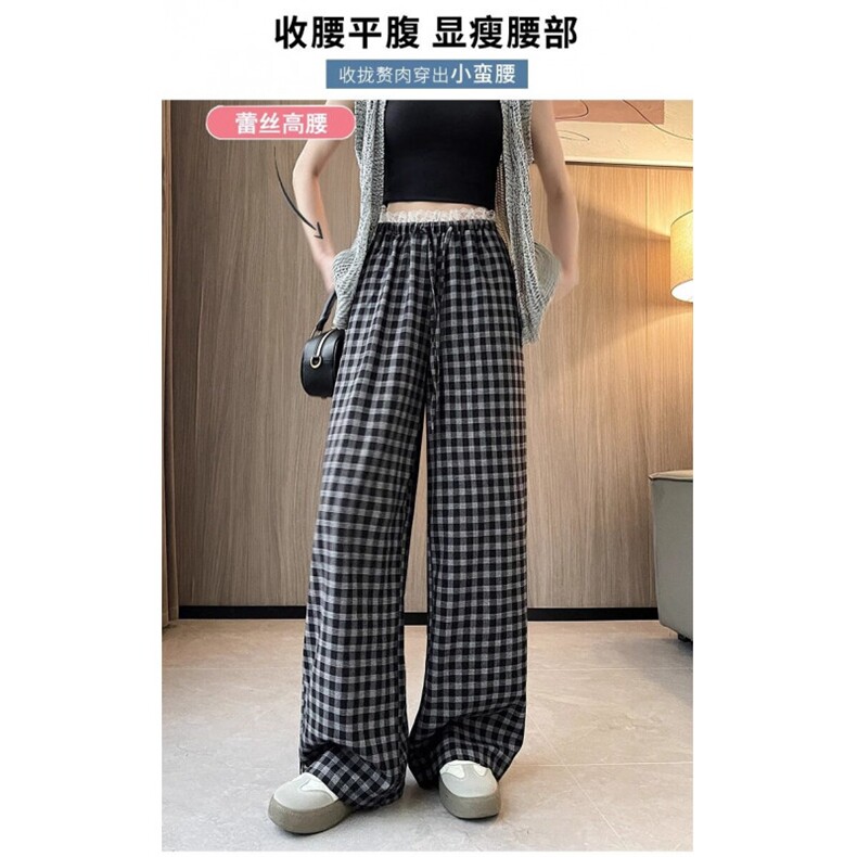 AK2353-P40蕾丝花边格子阔腿裤女夏季高腰垂感宽松休闲裤,女装休闲裤,星座617A-2