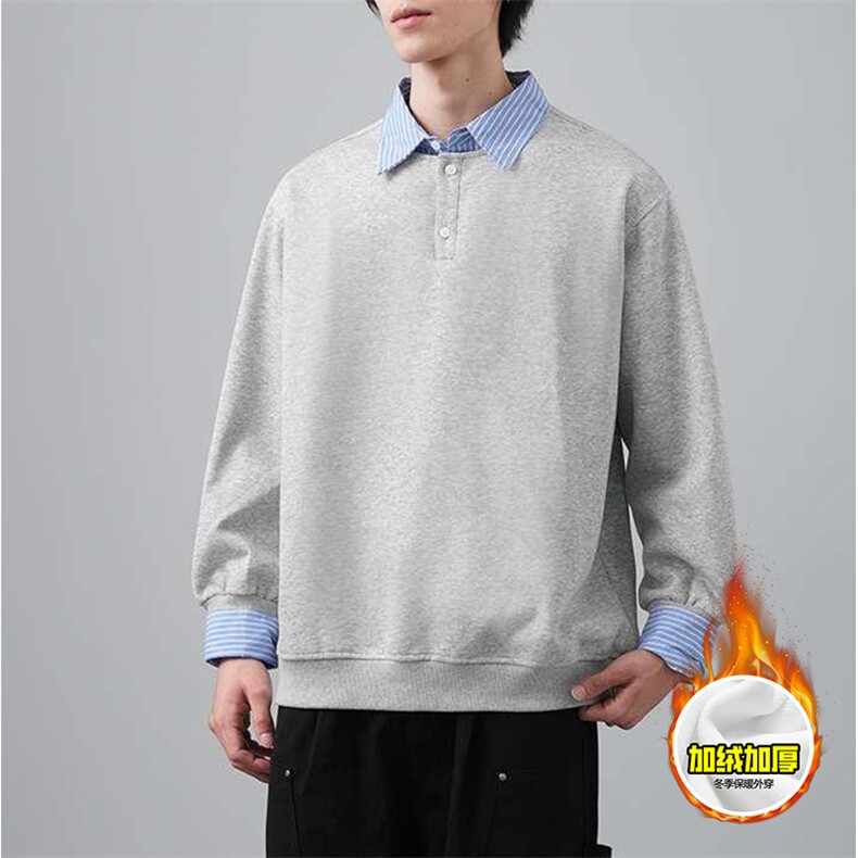 重磅加绒硬挺boxy男女美式高街假两件衬衫领长袖卫衣POLO领打底衫，男装T恤，电商A486-1
