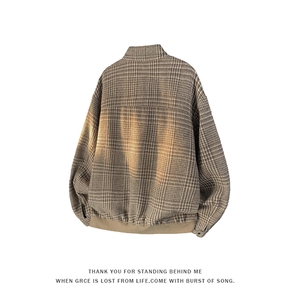 GENIOLAMODE美式千鸟格哈灵顿夹克男士秋季复古廓形外套小众上衣图片