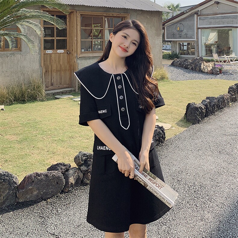 夏新减龄撞色娃娃领连衣裙,女装连衣裙,菡迪欧娜