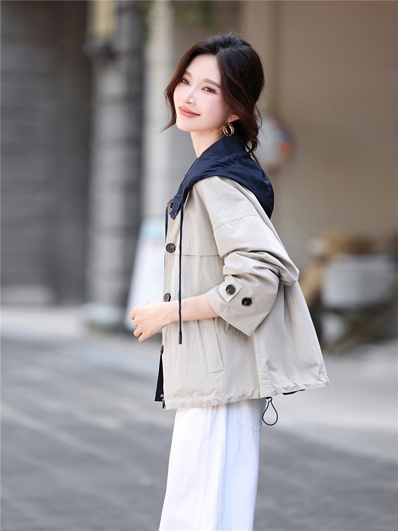 拼接撞色短款风衣女2025年秋季长袖连帽风衣女外套,女装风衣,鑫源服饰