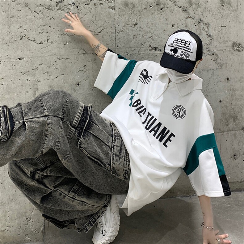 wassup happy撞色七分袖polo衫港风日系短袖男夏季设计感半袖t恤图片