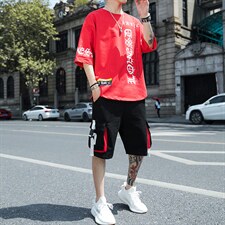 新款夏季短袖t恤男装潮流帅气宽松半袖套装青少年体恤上衣F178P70，男装休闲套装，电商A086