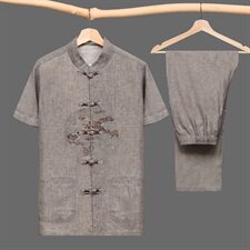 M-7XL夏季唐装套装中老年短袖薄款亚麻唐装男士大码套装001款，男装民族服装，星座802