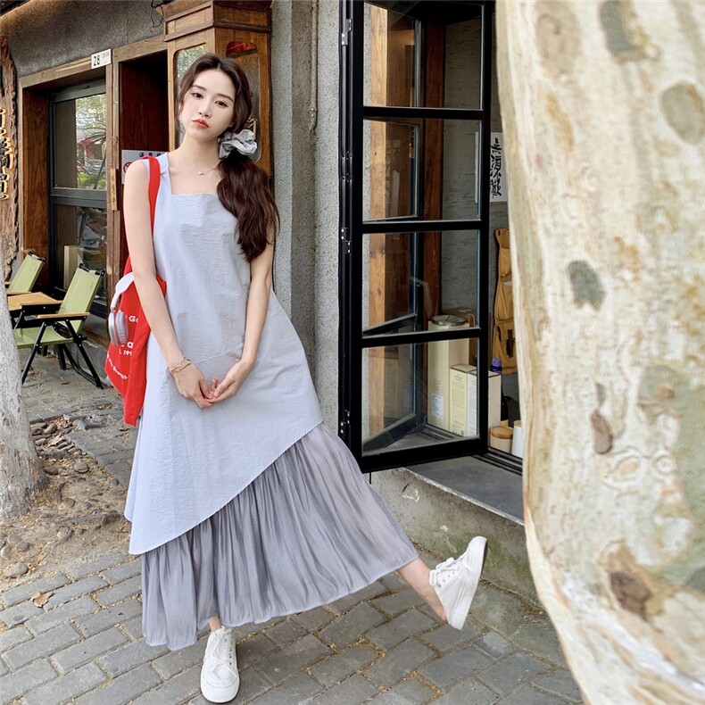 假两件撞色拼接无袖背心连衣裙女夏2025新款独特漂亮绝美显瘦长裙,女装连衣裙,1C071-1