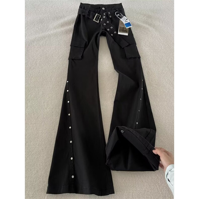 小众金属腰带设计感微喇铆钉休闲黑色直筒牛仔裤子K71316-P52网图图片
