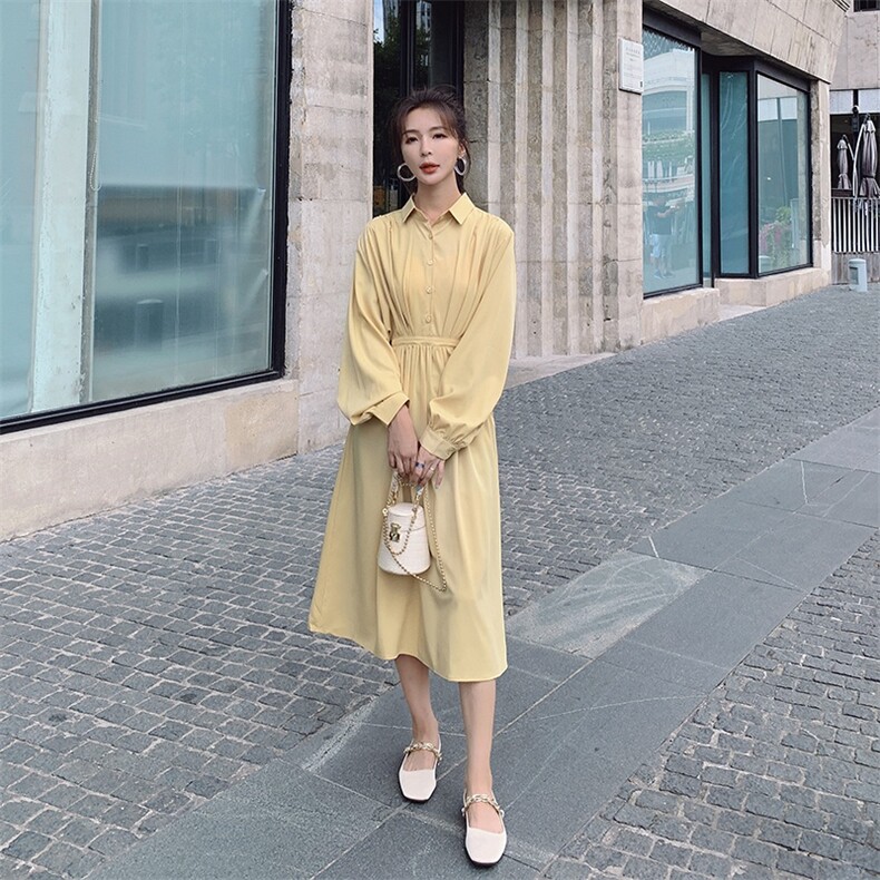 黄色法式高级感衬衫连衣裙女春秋2025新款秋装别致独特气质长裙冬,女装连衣裙,2C037