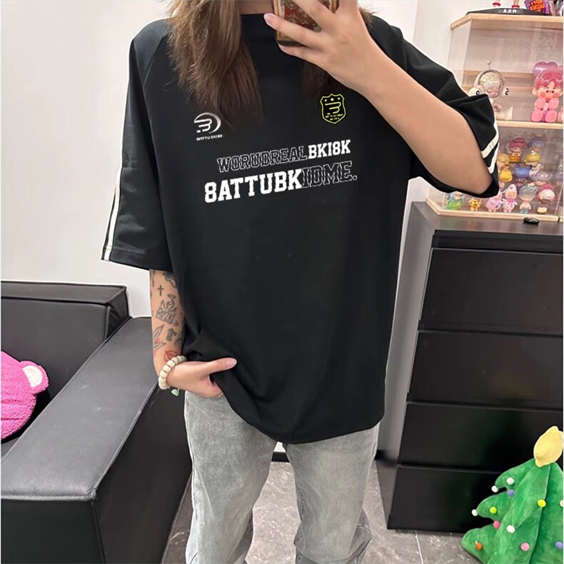 抖音得物高品质二开240克宽松纯棉美式潮牌三条杠织带短袖T恤，男装T恤，电商A486-1