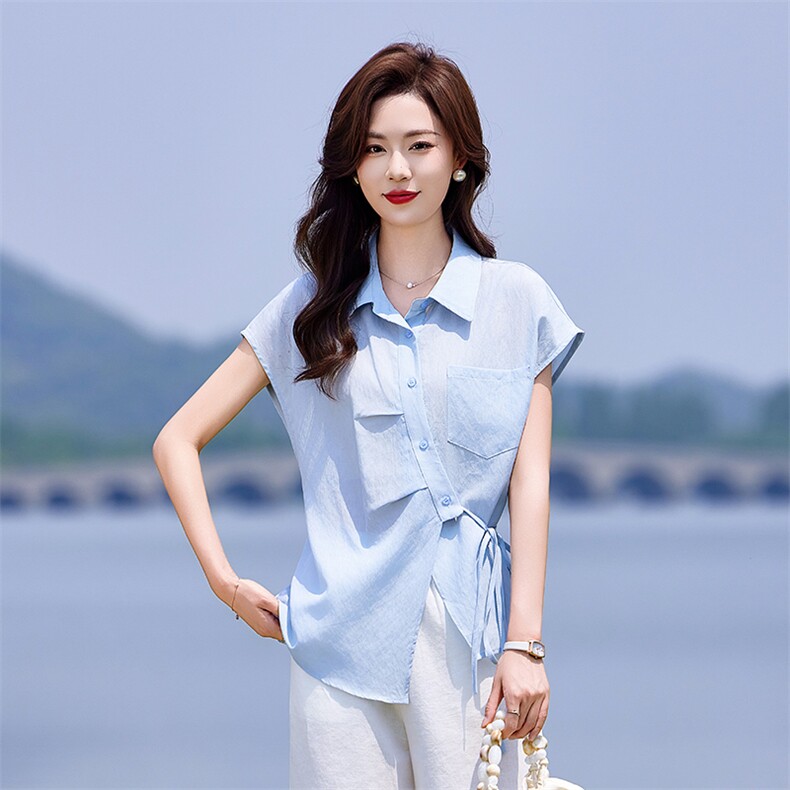 时尚休闲女夏季薄款2025新款高级感减龄短袖衬衫阔腿裤,女装衬衫,靓衣阁