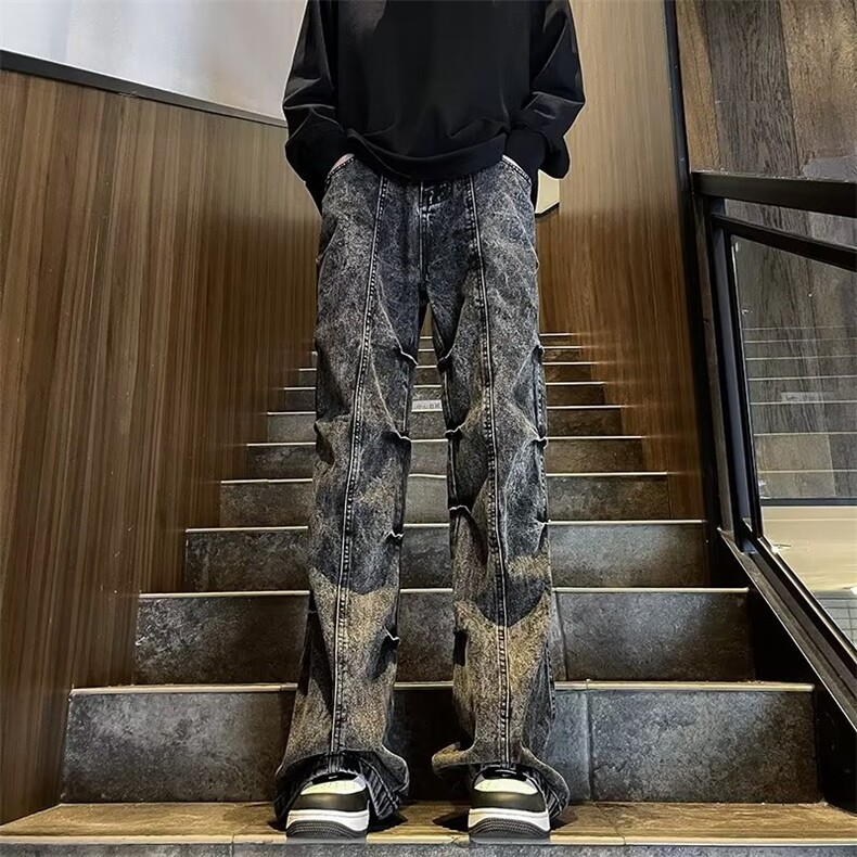 水洗做旧褶皱牛仔裤男美式复古vibe高街裤子设计感宽松直筒微喇裤,男装牛仔裤,四季星座218-1