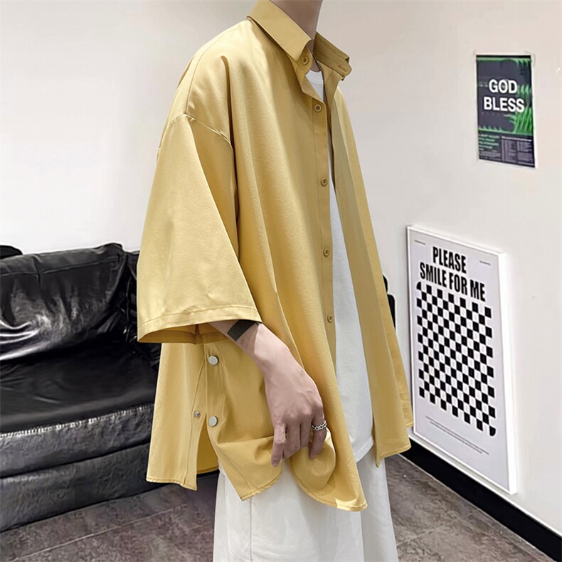 新款纯色侧边排扣开叉小众男女短袖衬衫A071-C17-P35,男装T恤,电商A071