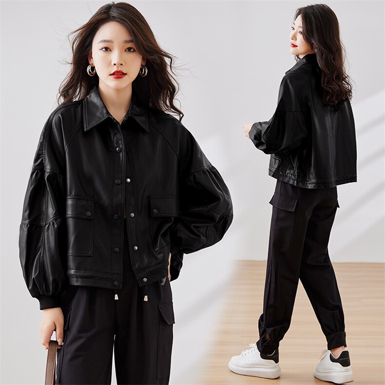 皮衣外套女2023新款短款春秋港风复古宽松pu机车小皮夹克款,女装皮衣,江南女神