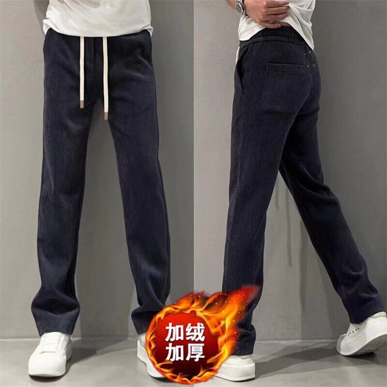 纯色高街休闲裤男士2025冬季加绒加厚条绒阔腿裤百搭潮流直筒裤子图片