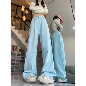 2023春秋女薄款竖条纹直筒宽松阔腿长款拖地运动休闲裤K00947-P65图片