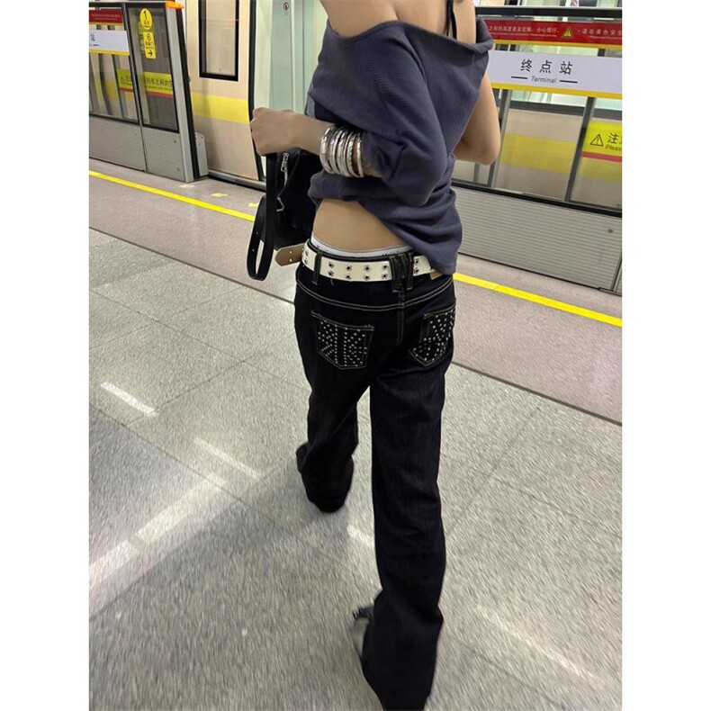 美式复古辣妹牛仔裤男女高街设计感重工钉珠直筒显瘦百搭长裤子,男装牛仔裤,四季星座505