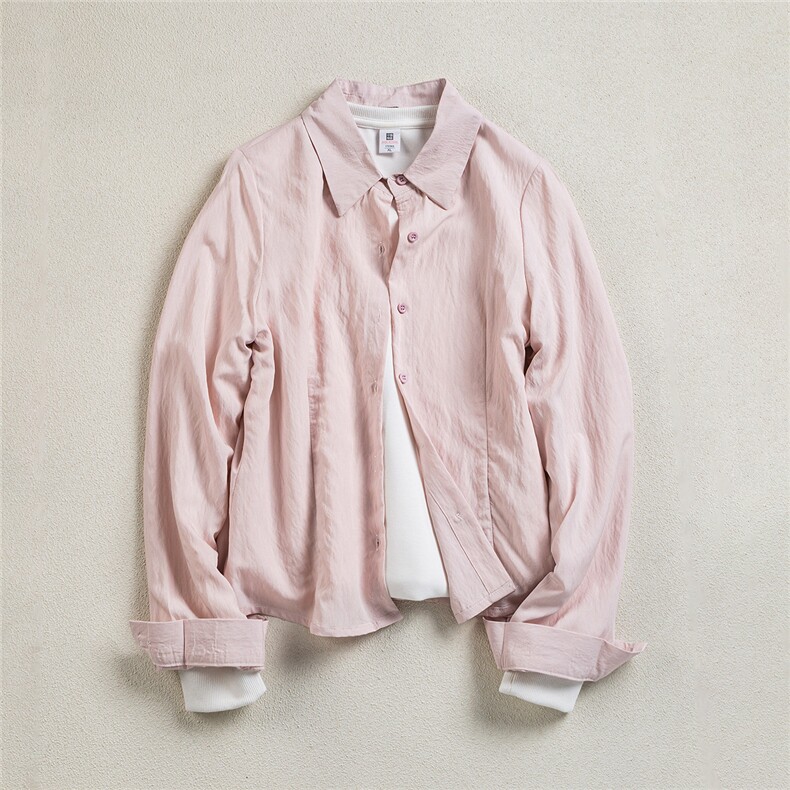 B413-1-DX6166粉色长袖衬衫女春秋款减龄纯色百搭小个子修身上衣，男装衬衫，电商B413-1