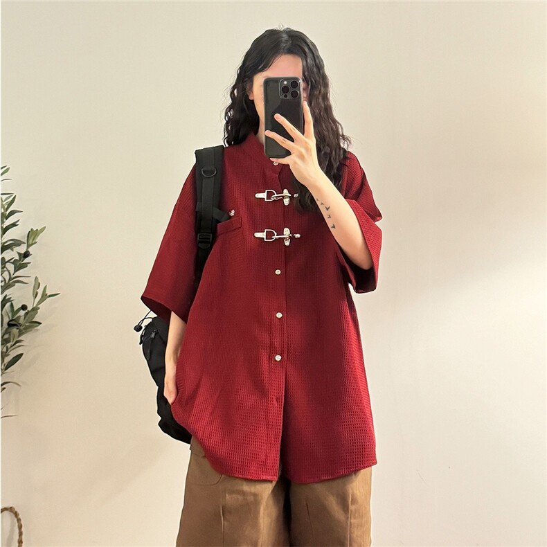 美式复古高街金属扣短袖衬衫男夏季潮牌高级感华夫格宽松情侣衬衣,男装T恤,星座1210-1