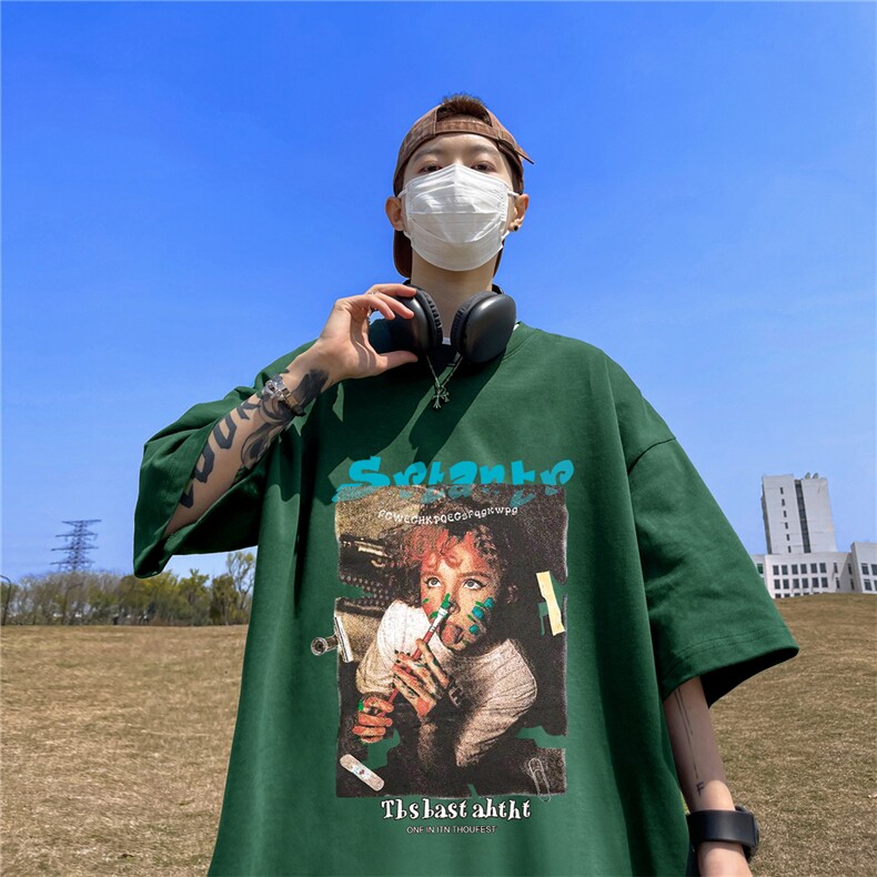 欧美潮牌油画t恤男设计感小众美式高街短袖oversize情侣装七分袖,男装T恤,星座508（原C305）