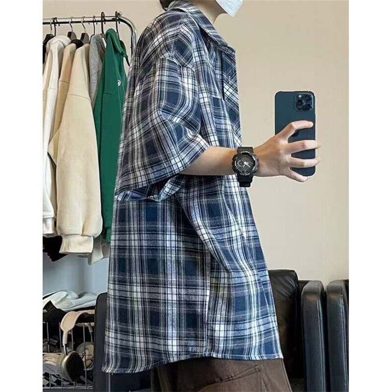 时尚美式复古格子衬衫男潮牌高街短袖衬衣少年百搭外套C123,男装T恤,星座1116A（原606A-3）