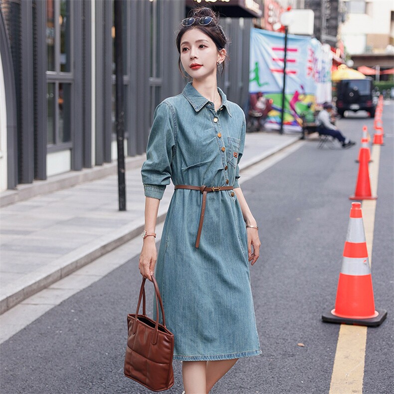 2025春季新款时尚牛仔连衣裙修身显瘦长袖裙装气质百搭女装,女装连衣裙,2D076