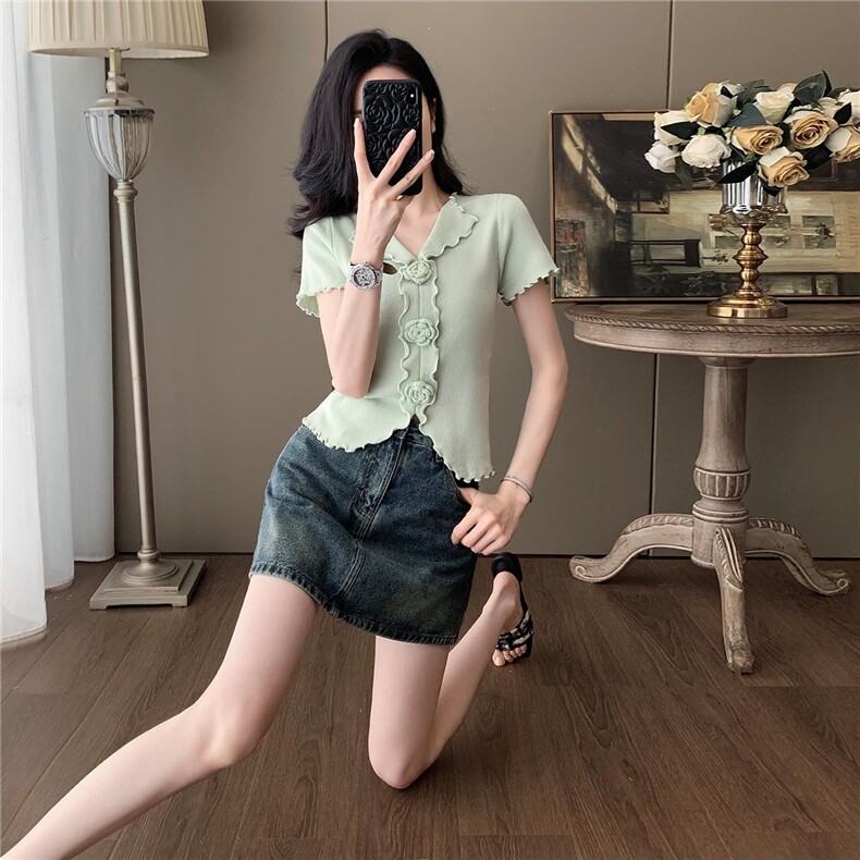 时尚气质套装女夏季新款修身显瘦立体花朵短袖上衣牛仔短裙两件套,女装套装/套裙,江南