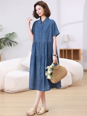 短袖中长款H型夏季宽松腰气质时尚简约纯色牛仔连衣裙，女装连衣裙，江忆布依