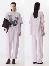 2025年秋季不连帽短袖圆领T恤女宽松猫咪印花，女装T恤，泰合衣坊