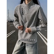 高品质春装新款老钱风美式高街鱼骨纹斜拉链解构高领卫衣长袖t恤，男装T恤，电商A486-1