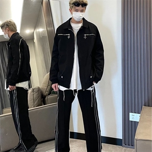 青春流行潮流潮外穿翻领拉链百搭纯色新款男夹克长袖春秋标准慵懒图片