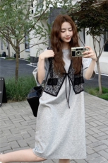灰色休闲连衣裙设计感小众2025夏季新款蕾丝拼接假两件慵懒T恤裙，女装连衣裙，2C275