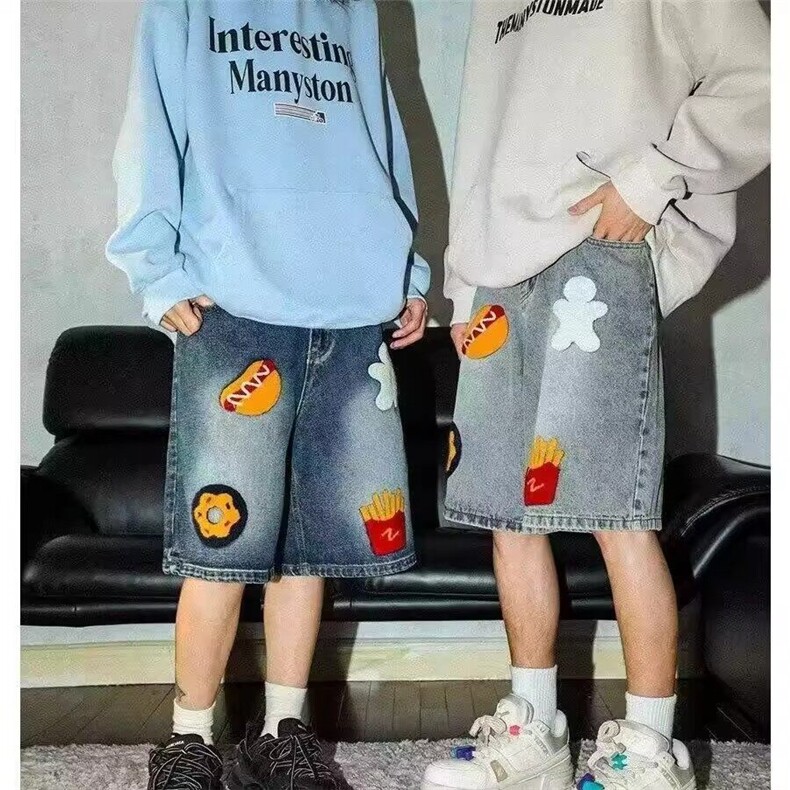 中性风格水洗卡通画牛仔裤阔腿五分裤短裤潮KZ30H012--TP40,男装牛仔裤,电商A247C