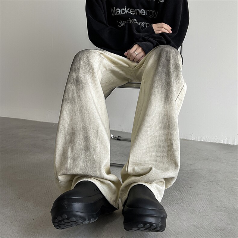 男士泼墨牛仔裤男2024新款秋季美式潮牌直筒阔腿裤子NZ117-P45图片
