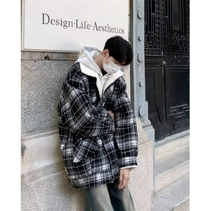 格子毛呢大衣男冬季2023新羊羔毛棉衣外套加绒加厚翻领棉袄 M9017图片