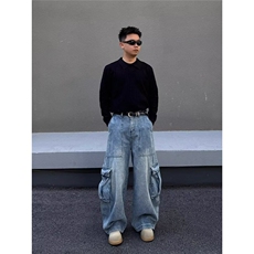美式多口袋工装牛仔裤秋季高街宽松直筒阔腿裤FN345-P60，男装牛仔裤，星座1001-1