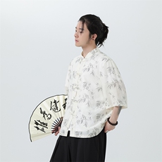 2025夏季新款风男汉服盘扣新中式唐装竹叶印花衬衫C107-P55，男装衬衫，电商B277(原6028)