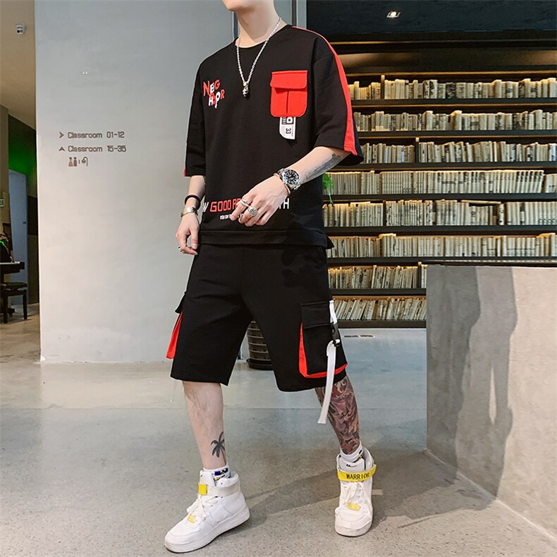 新款夏季棉质短袖套装男休闲运动短裤宽松T恤上衣两件套F161P70,男装休闲套装,电商A086