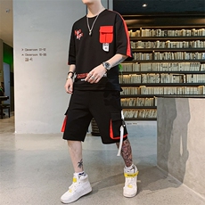 新款夏季棉质短袖套装男休闲运动短裤宽松T恤上衣两件套F161P70，男装休闲套装，电商A086
