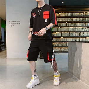 新款夏季棉质短袖套装男休闲运动短裤宽松T恤上衣两件套F161P70图片