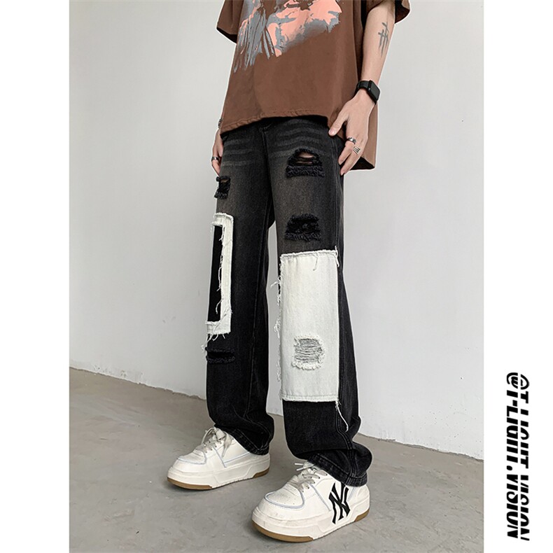 B221美式ins高街小众个性拼接宽松破洞牛仔裤LK23099-P65控88,男装牛仔裤,电商B221