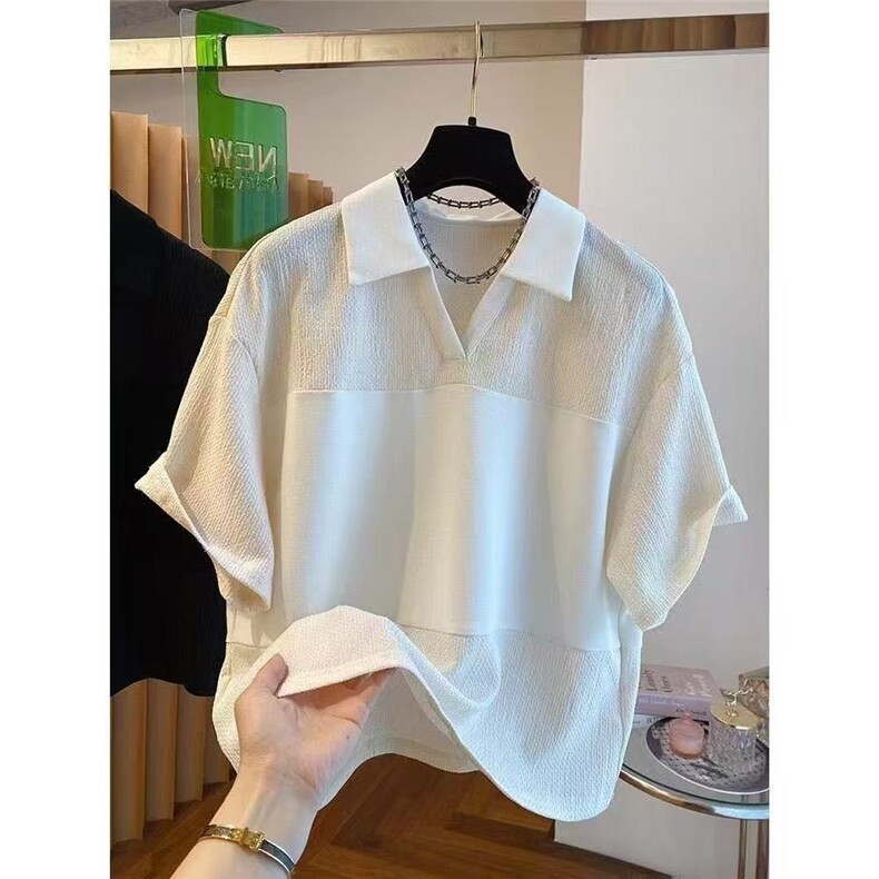 大码300斤韩版肌理感拼接V领POLO衫上衣男女夏季宽松休闲短袖T恤,男装T恤,电商B212（原钱塘6029）