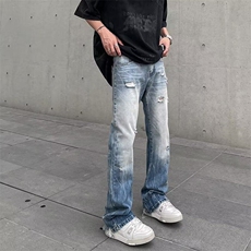 复古做旧破洞牛仔裤男新款炸街潮流宽松水洗阔腿直筒裤WLT211-P48，男装牛仔裤，星座1008