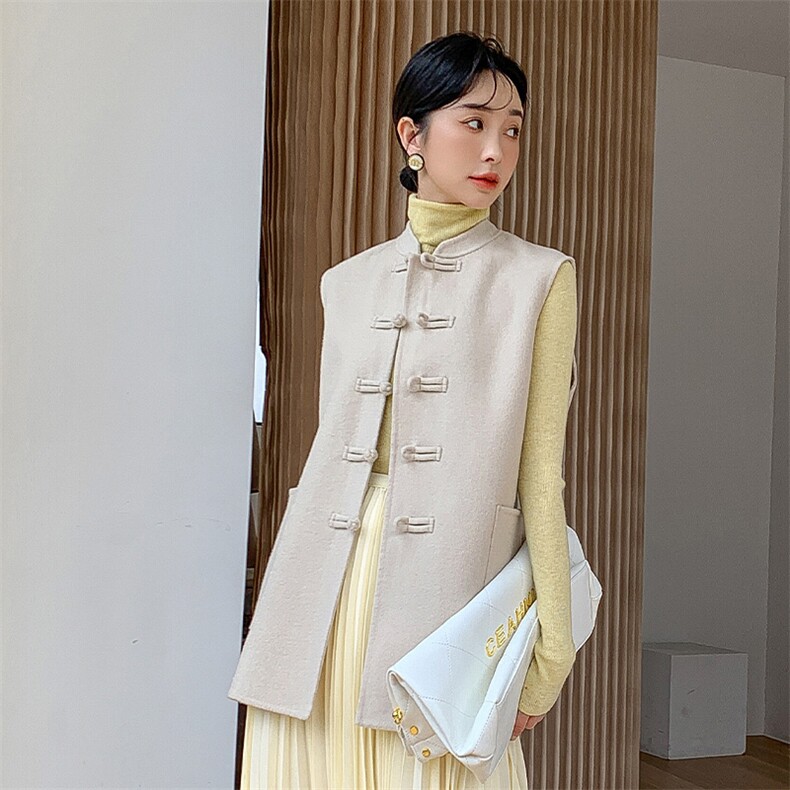 双面毛呢马甲中国风盘扣女士上衣无袖马甲中长款气质实用大气坎肩,女装马甲,荣图大衣