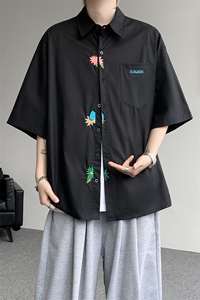 设计感重工花卉刺绣短袖衬衫高级大码美式痞帅衬衣外套DC5011/P45图片