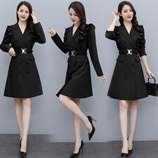 现货风衣2021秋季时尚简约大方气质优雅收腰显瘦修身百搭风衣裙，女装风衣，丽美静依