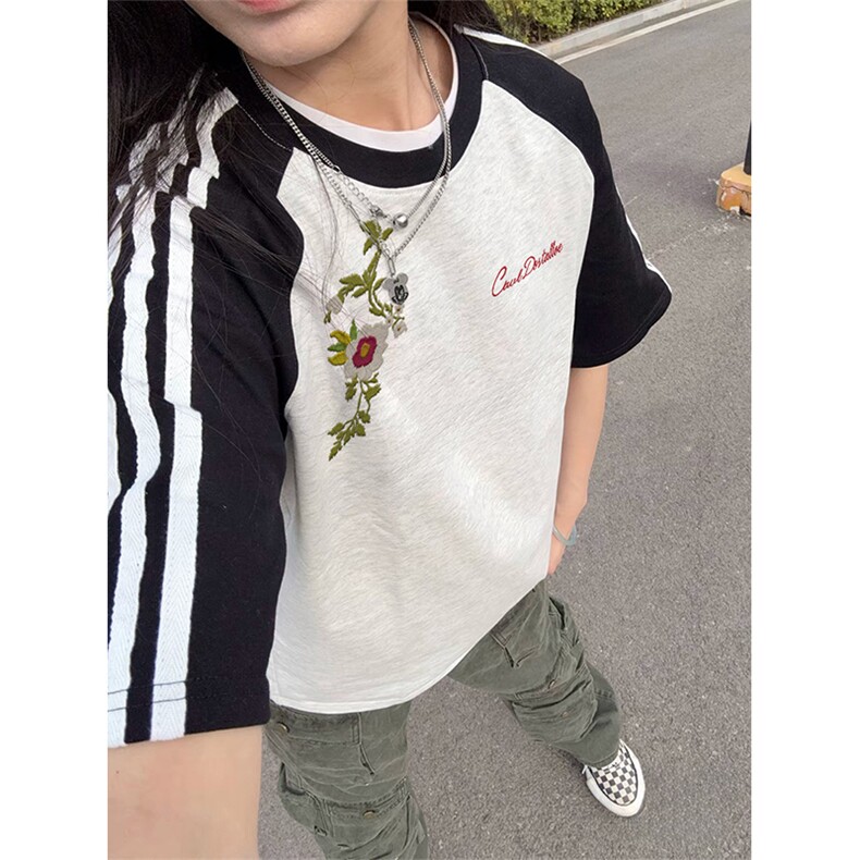 抖音得物品质二开240克宽松纯棉美式潮牌插肩三杠织带短袖T恤,男装T恤,电商A486