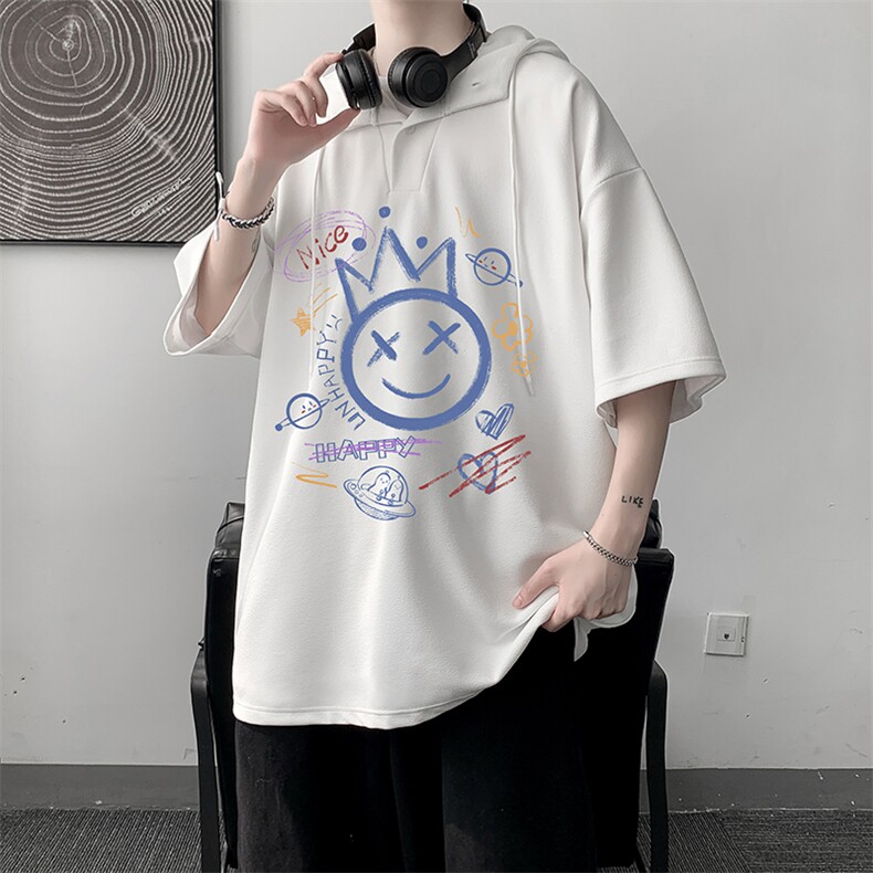 LD54180-P45连帽短袖t恤男大码胖子带帽五分袖中袖大皂风,男装T恤,电商A040