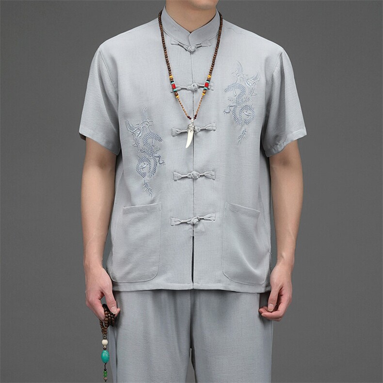 风高品质刺绣唐装男装夏季中老年人棉麻中式汉服爸爸套装,男装休闲套装,钱塘6003（原4033）
