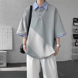 8XL-M假两件衬衫领短袖T恤大码夏季条纹拼接polo衫半袖DX1211/P45图片