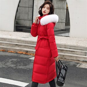 2021冬季新款时尚系带收腰显瘦气质真毛领长款连帽羽绒服，女装羽绒服，贵人树