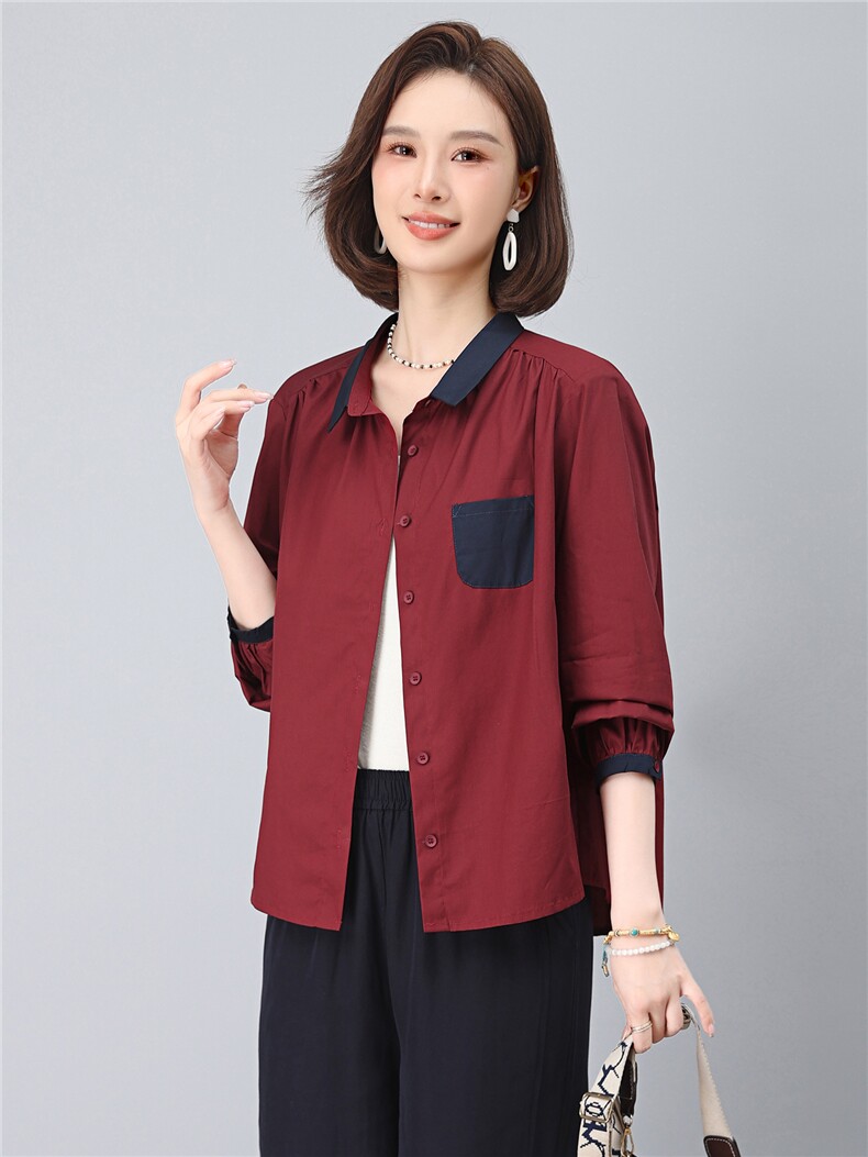 2025年秋季时尚撞色翻领纯棉100%休闲文艺衬衣,女装衬衫,依恋蒂丝